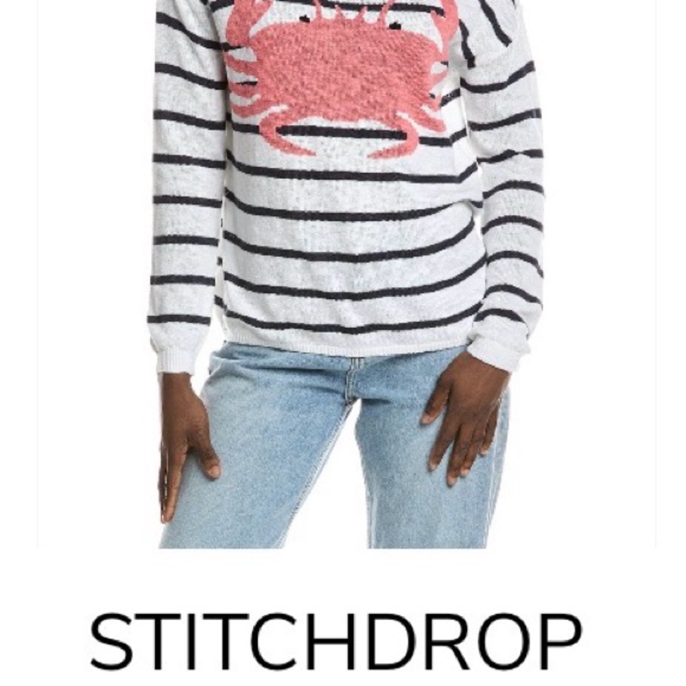 STITCHDROP Women's White & Black Striped Crewneck Sweater with Pink Crab Motif